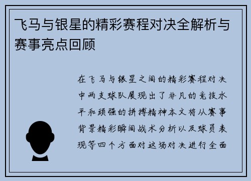 飞马与银星的精彩赛程对决全解析与赛事亮点回顾